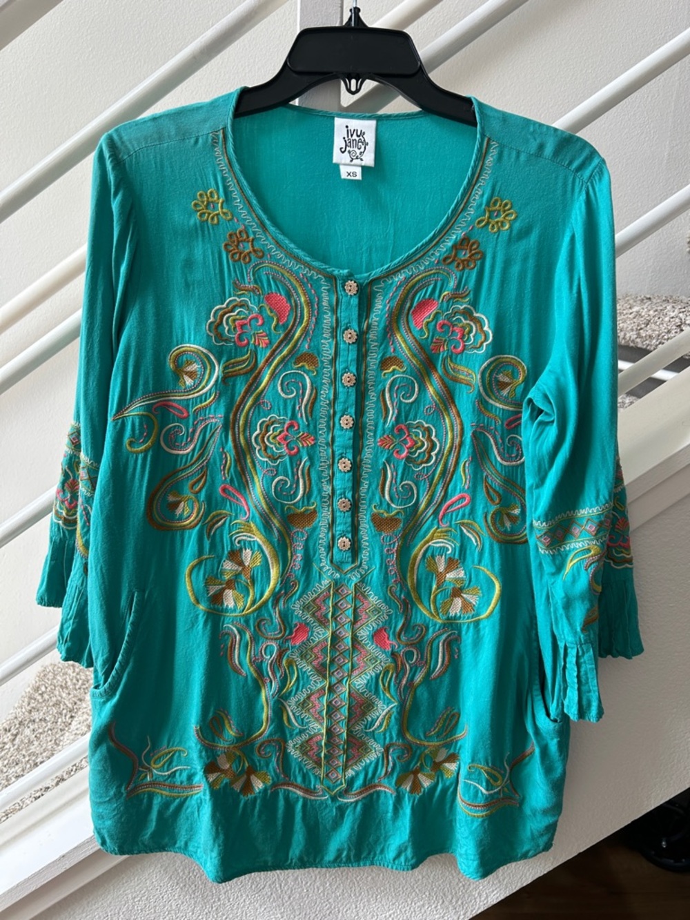 Ivy Jane Boho Embroidered Tunic Blouse Teal Blue 3/4 Bell Sleeve XS - STUNNING!